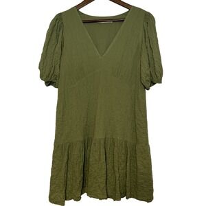 Abercrombie & Fitch Olive Green Crinkle Babydoll Puff Sleeve Mini Dress M‎